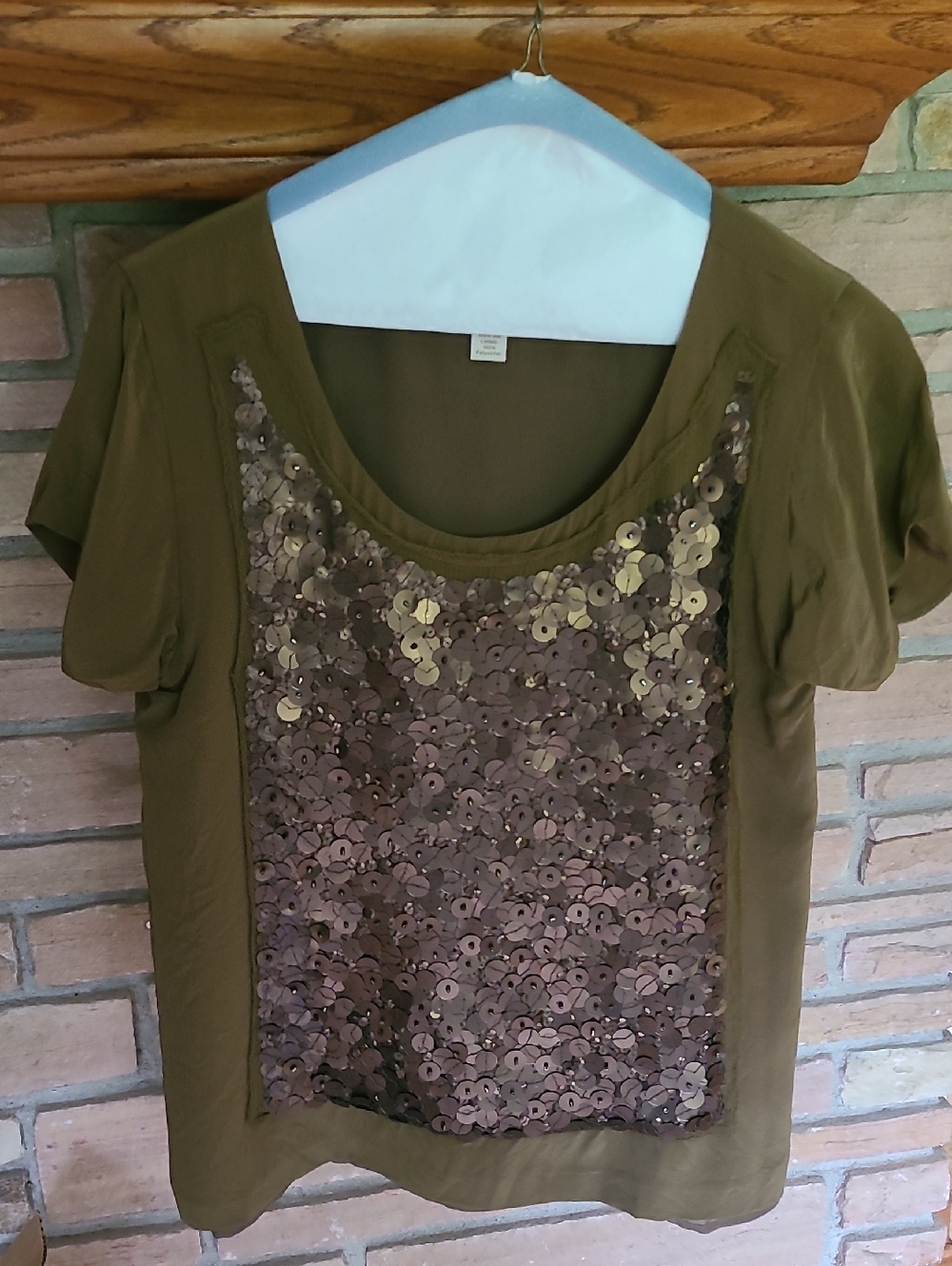 J. Crew Olive Green Short-Sleeve Top with Sequin Front Size XS